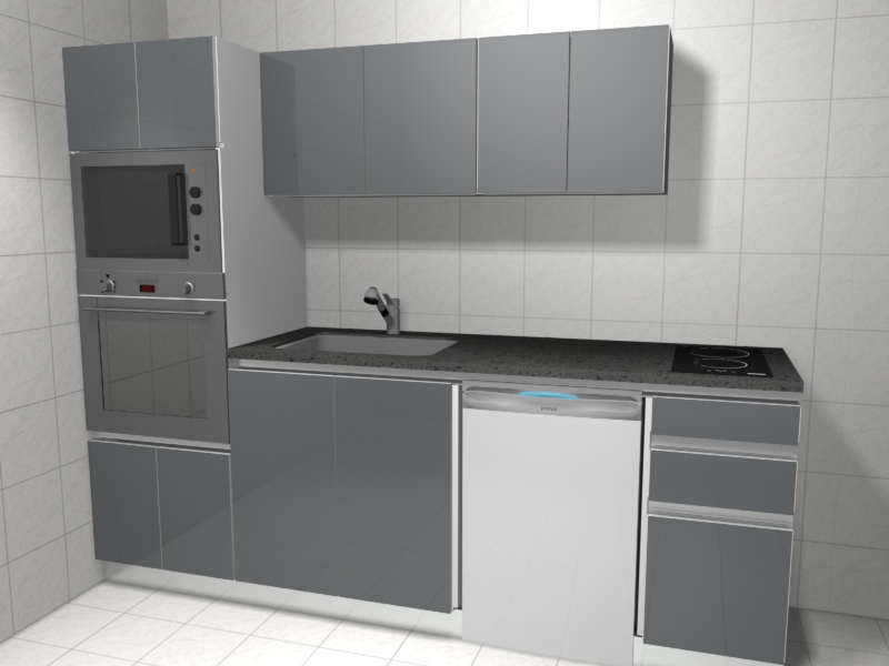 Visualização tridimensional de cozinha compacta cinzenta