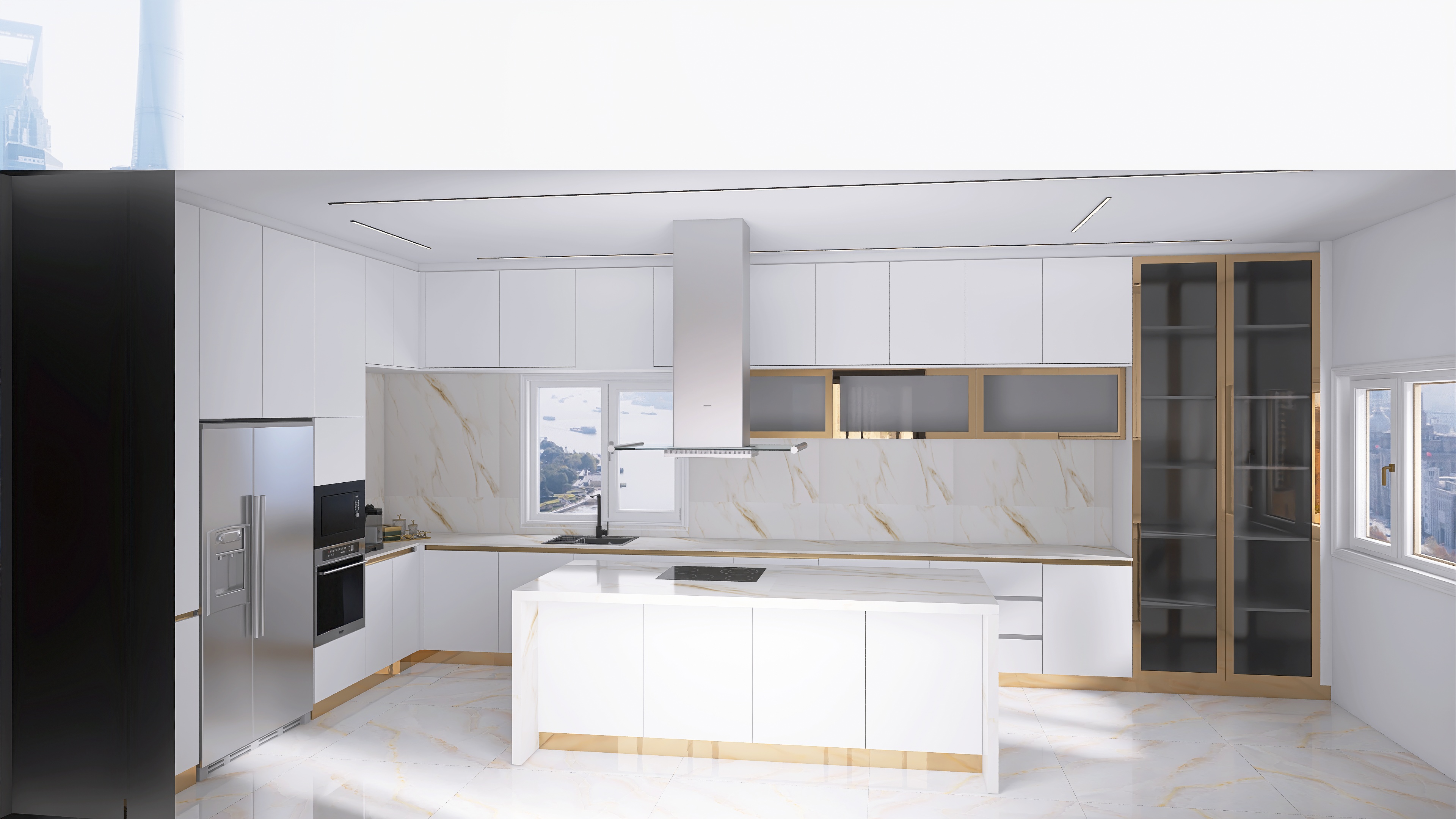 Visualização tridimensional de cozinha branca com detalhes dourados